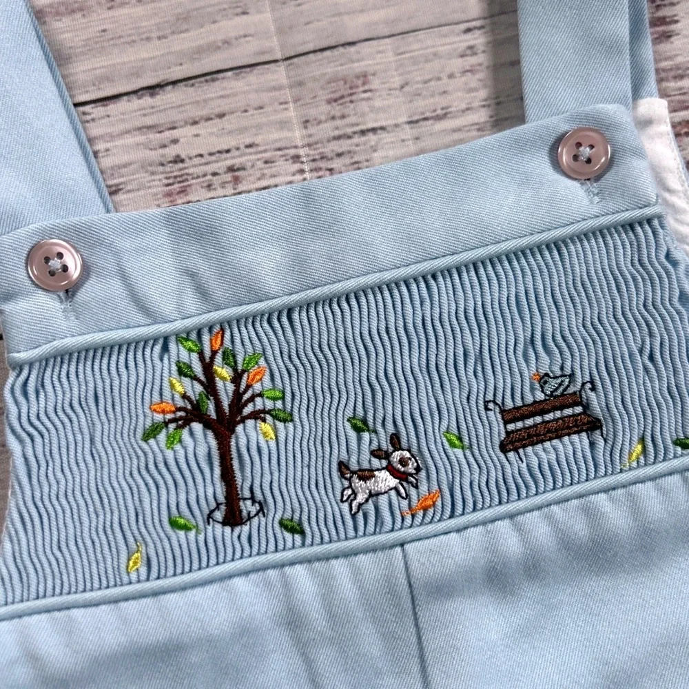 Talbots Kids Vintage Overalls Kids Light Blue Smocked Embroidered Dog Tree 12M